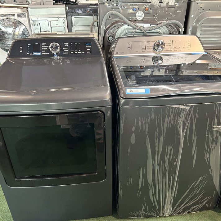 GE Profile Smart Top Load Washer with Impeller & Electric Dryer Set with Fabric Refresh in Diamond Gray