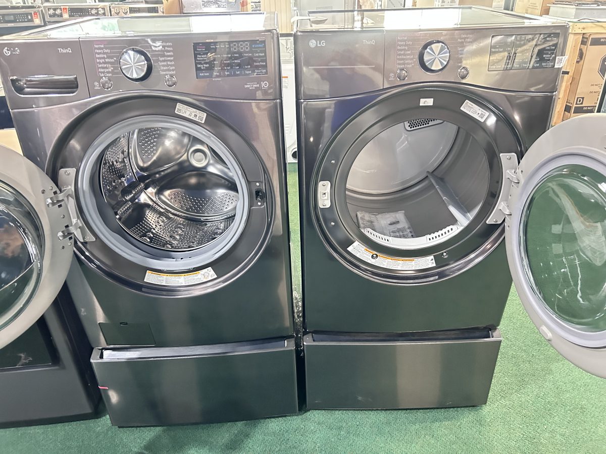 LG 27 Inch Wide 5 Cu. Ft. Front Load Washer and 7.4 Cu. Ft. Front Load Electric Dryer Laundry Pair with TurboSteam + 2 Pedestals - Image 2