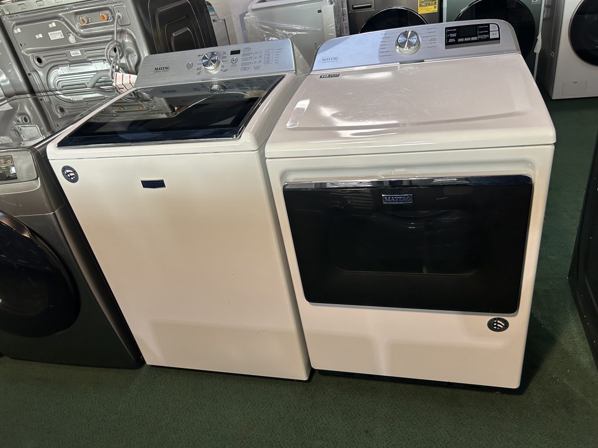Maytag 5.3 Cu. Ft. Smart Top Load Washer and 7.4 Cu. Ft. Smart Electric Top Load Dryer Laundry Pair in White