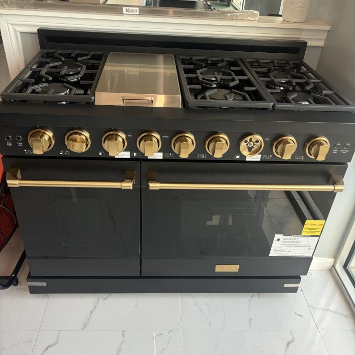 Gordon Ramsay Series by Thor Kitchen 48'' 6.8 Cu. Ft Freestanding Liquid Propane Gas Range with Bronze Hardware - Black