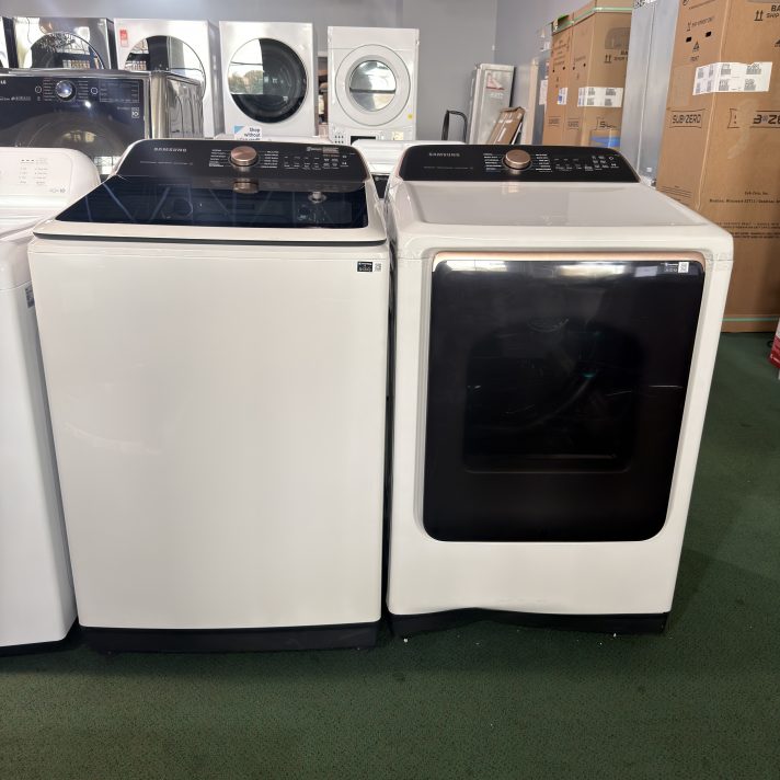 Package - Samsung - 5.5 Cu. Ft. High-Efficiency Smart Top Load Washer with Auto Dispense System and 7.4 Cu. Ft. Smart Electric Dryer with Steam and Sensor Dry - Ivory