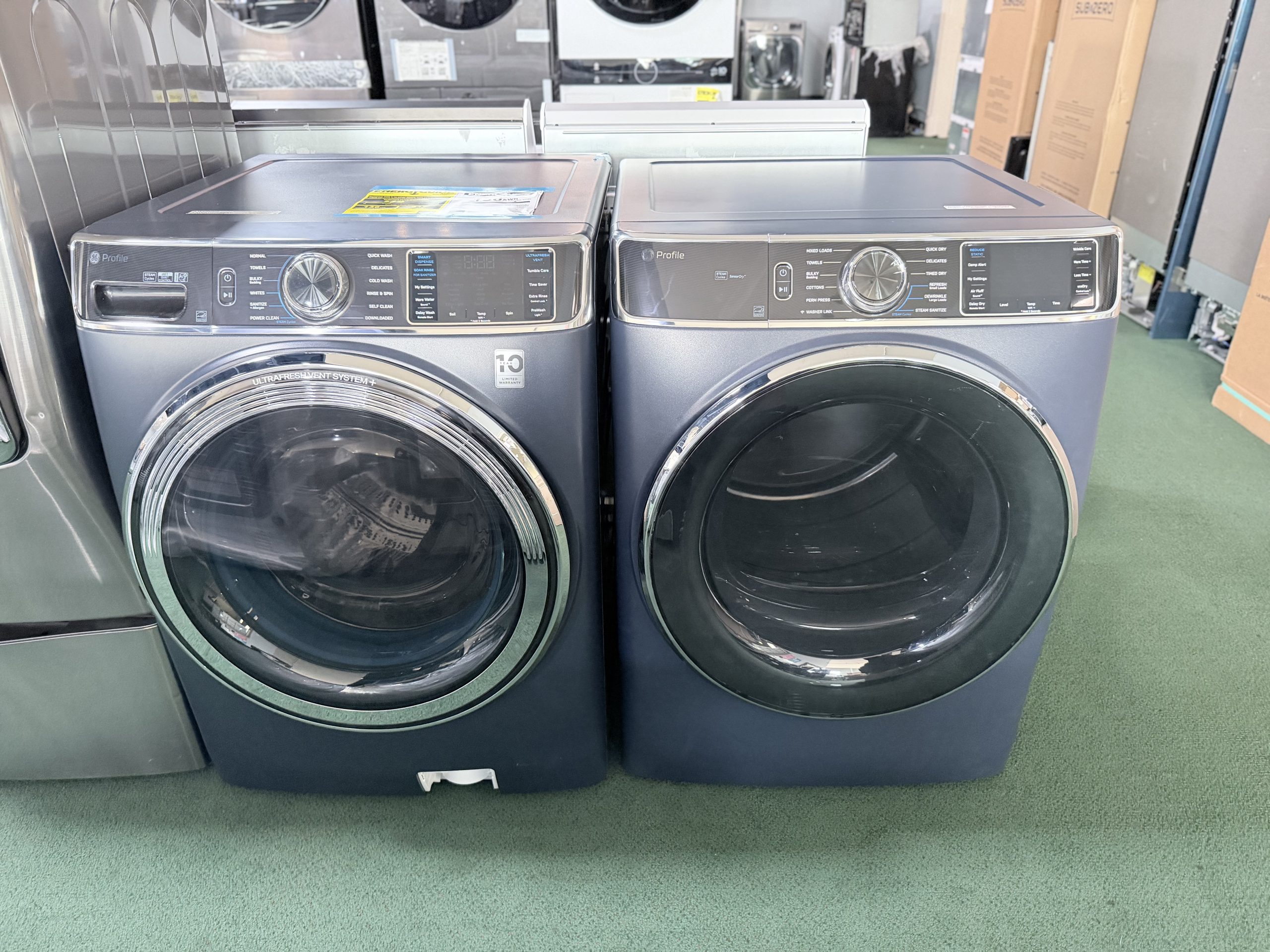 Package* GE Profile Side-by-Side Front Load Washer and Gas Dryer in Sapphire Blue