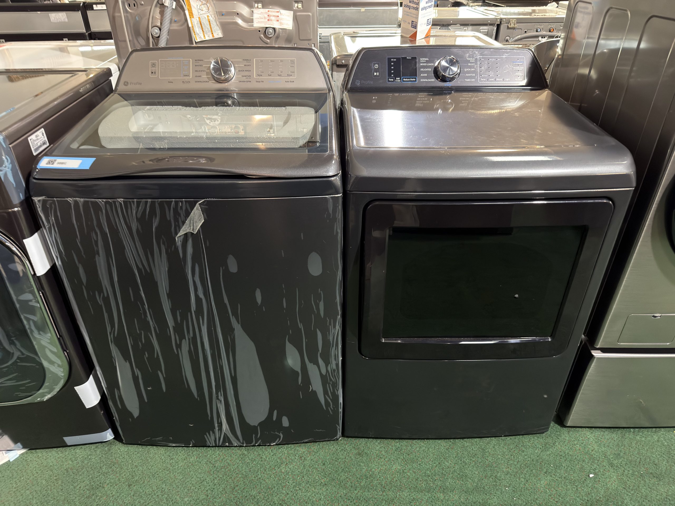 GE Profile 5 Cu. Ft. Top Load Impeller Washer and 7.4 Cu. Ft. Electric Dryer Laundry Pair in Diamond Gray