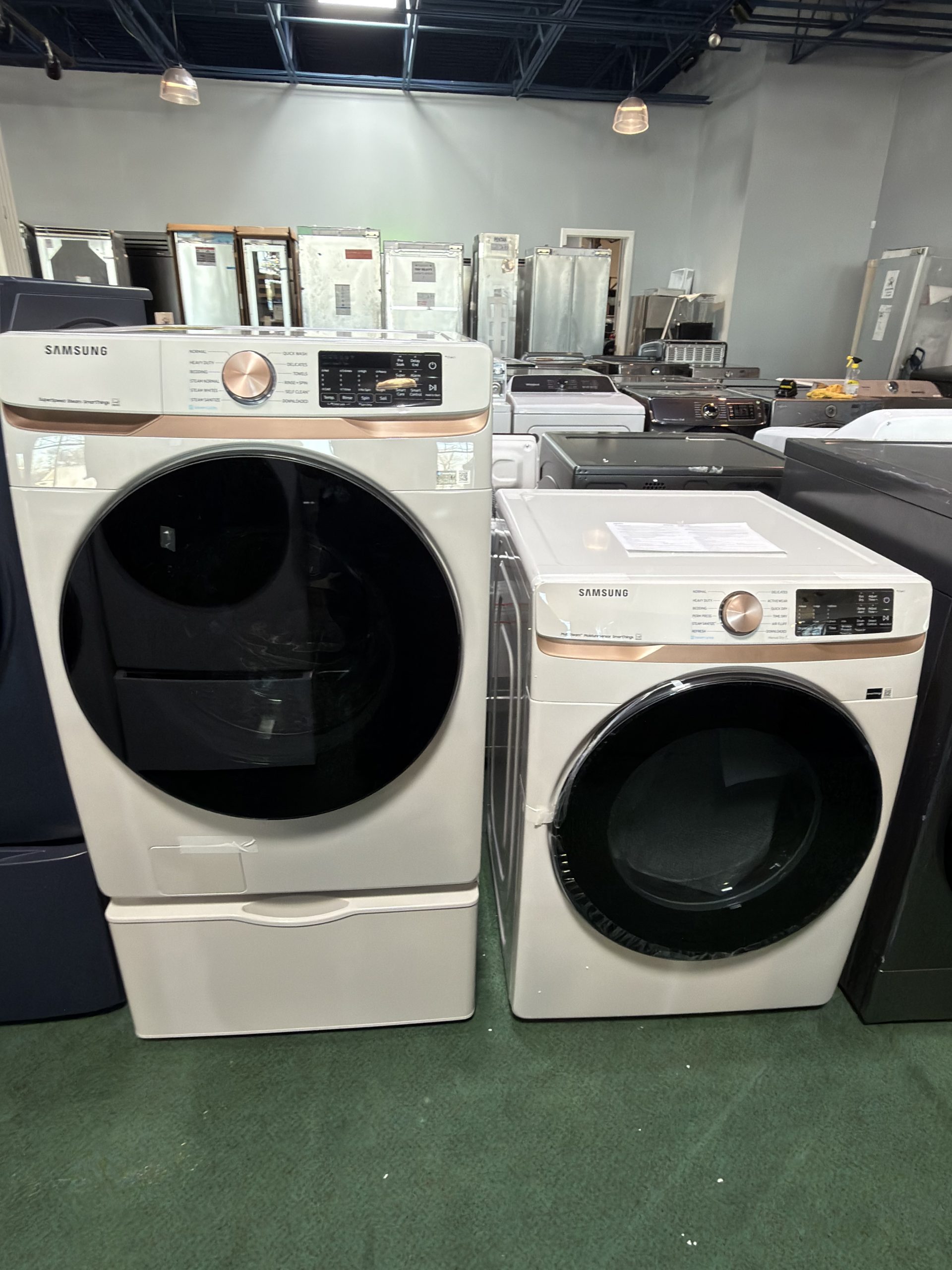 Samsung 5.0 Cu. Ft. Front Load Washer and 7.5 Cu. Ft. Electric Dryer Laundry Pair in Ivory (NO PEDESTAL)