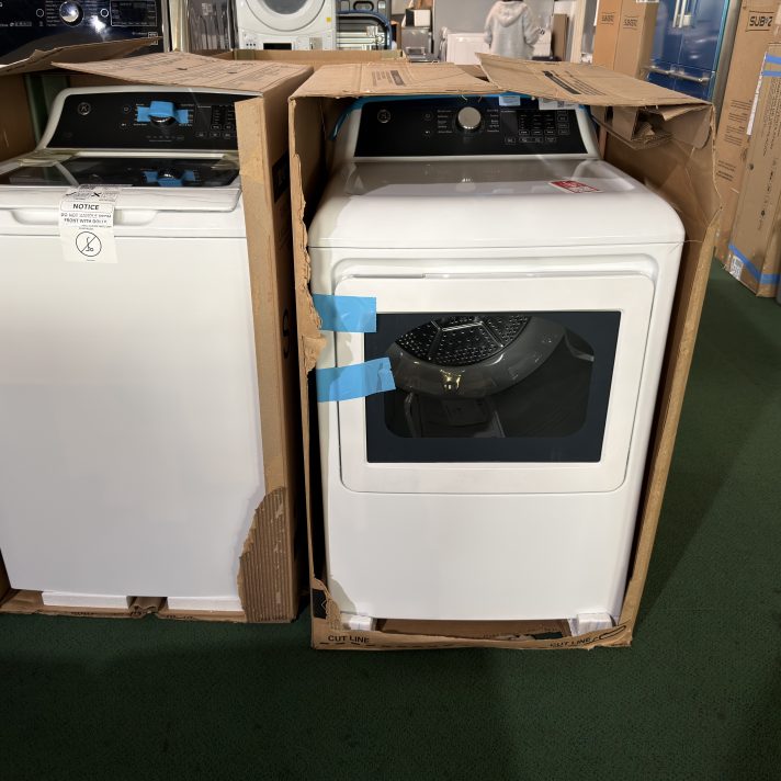 GE- Side-by-Side Top Load Washer and Electric Dryer Set in White