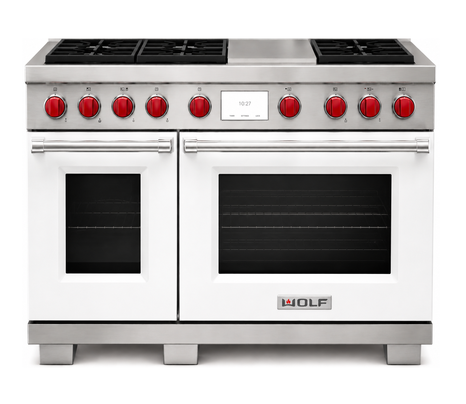 WOLF* 48" Dual Fuel Range - 6 Burners and Infrared Griddle White - Natural Gas.