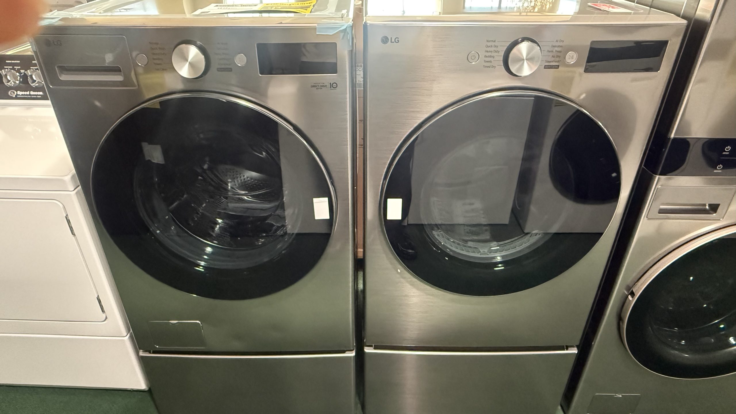 LG 27 Inch Smart Front Load Washer 5.0 cu ft and Electric Dryer with 7.4 cu ft (Pedestal Sold Seperately)