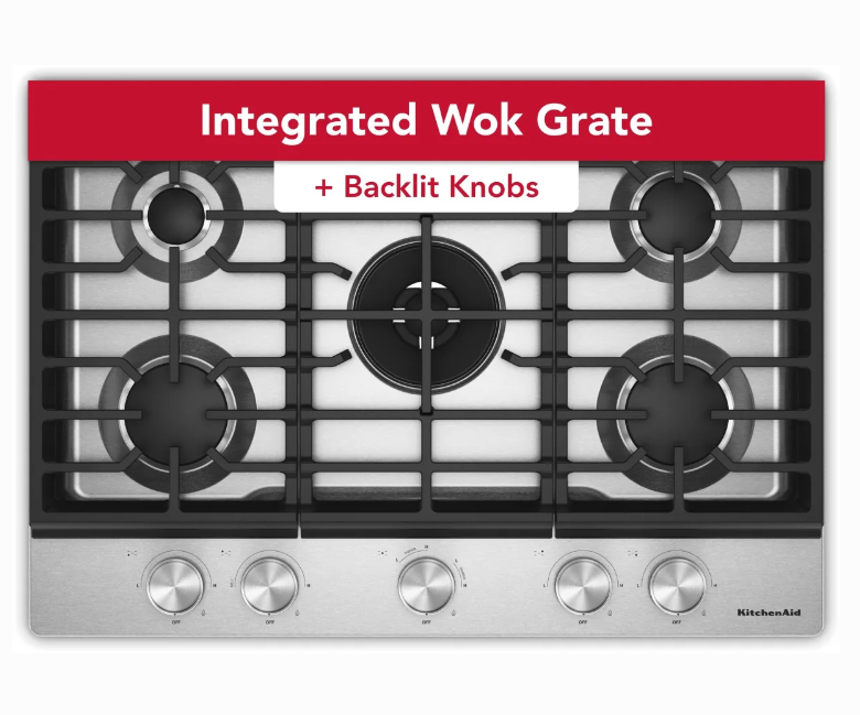 KitchenAid* 30 in. 5 Burners Gas Cooktop in Stainless Steel with Integrated Wok Grate - Image 2