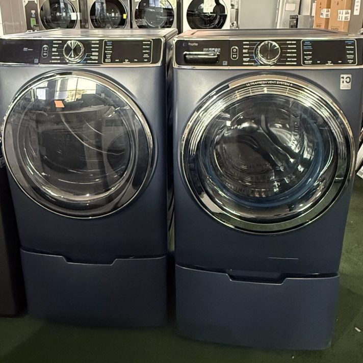 Package* GE Profile Side-by-Side Front Load Washer and Dryer in Sapphire Blue (with pedestal)