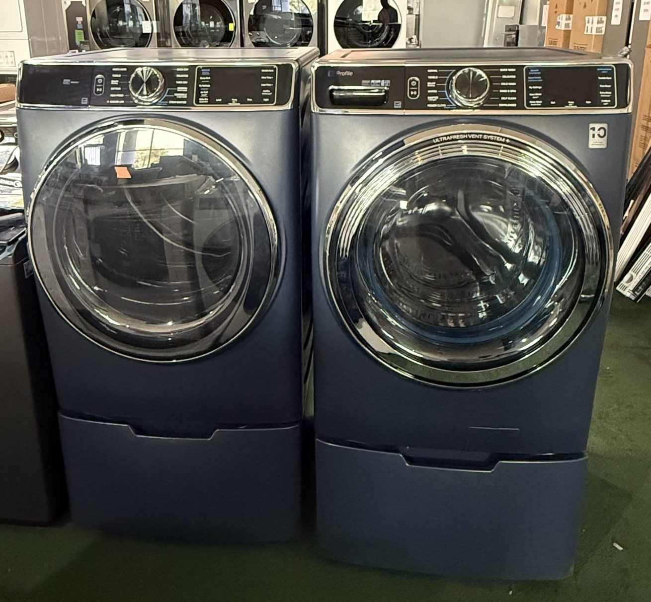 Package* GE Profile Side-by-Side Front Load Washer and Dryer in Sapphire Blue (with pedestal)