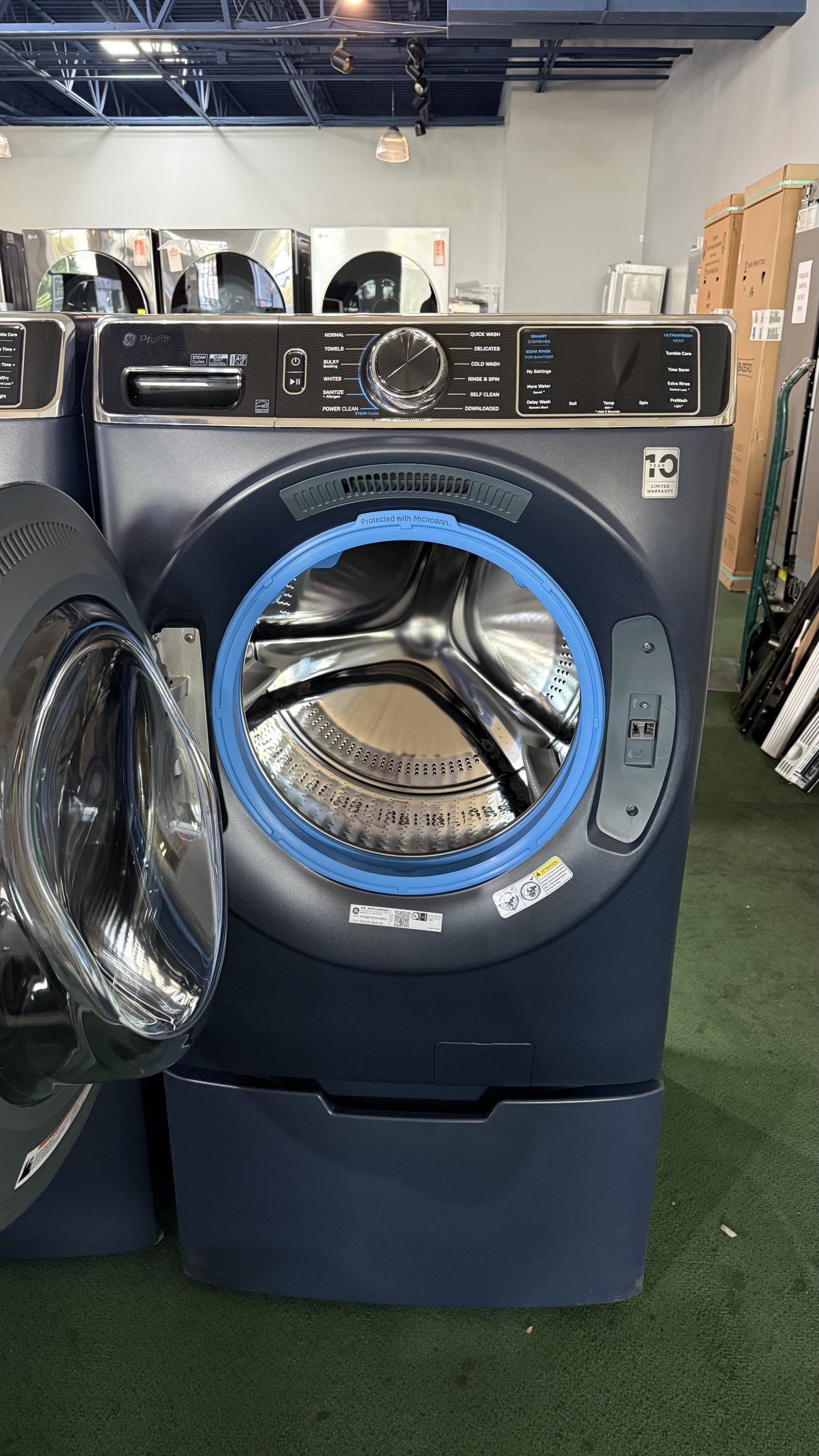 Package* GE Profile Side-by-Side Front Load Washer and Dryer in Sapphire Blue (with pedestal) - Image 3